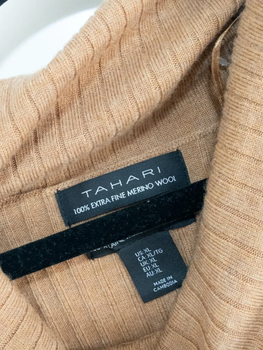 Tahari XL Tan 100% Extra Fine Merino Wool Sweater Cowl Neck Luxury Ribbed NWT - Picture 3 of 4